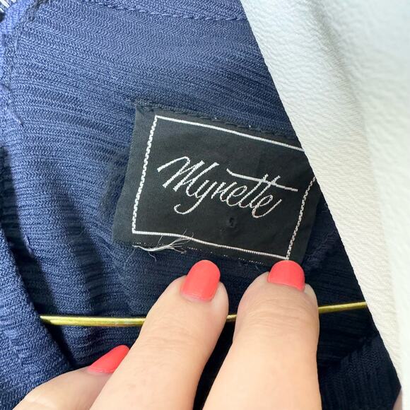 Vintage Mynette‎ navy blue half sleeve white scarf sheath dress Size MEDIUM - Picture 4 of 6